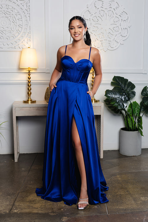 Satin Corset A-Line Prom Dress with Lace-Up Back Spaghetti Straps & Slit by May Queen MQ2188