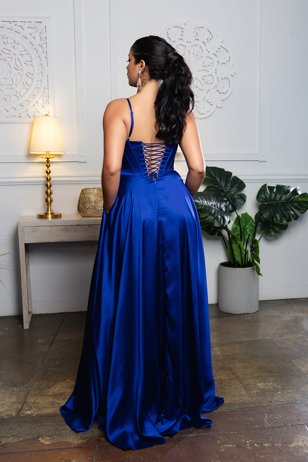 Satin Corset A-Line Prom Dress with Lace-Up Back Spaghetti Straps & Slit by May Queen MQ2188