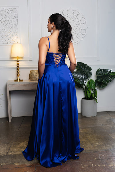 Satin Corset A-Line Prom Dress with Lace-Up Back Spaghetti Straps & Slit by May Queen MQ2188