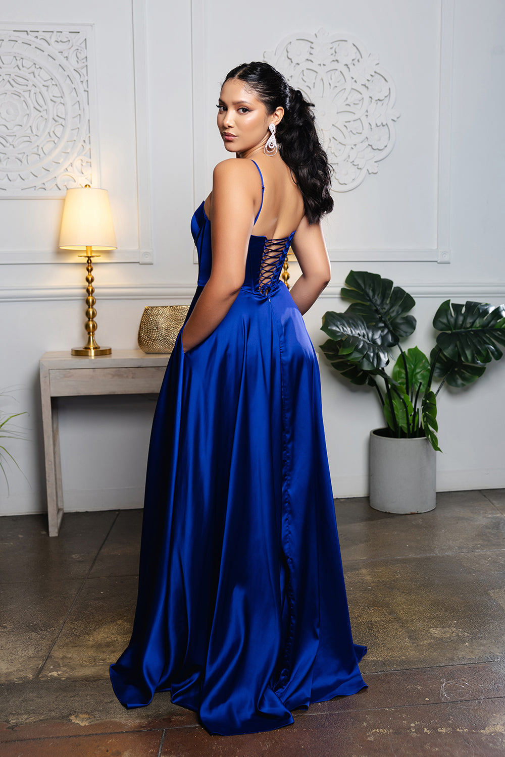 Satin Corset A-Line Prom Dress with Lace-Up Back Spaghetti Straps & Slit by May Queen MQ2188