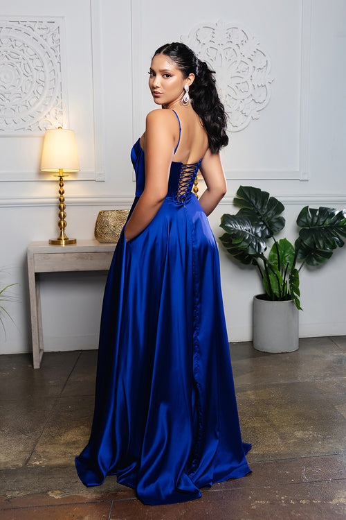 Satin Corset A-Line Prom Dress with Lace-Up Back Spaghetti Straps & Slit by May Queen MQ2188