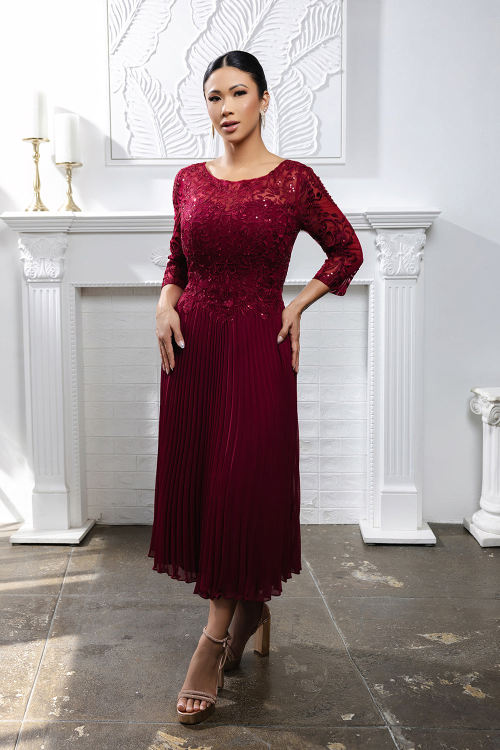 Elegant Lace Bodice Pleated Midi Mother of the Bride Dress – 3/4 Sleeves by May Queen MQ2189