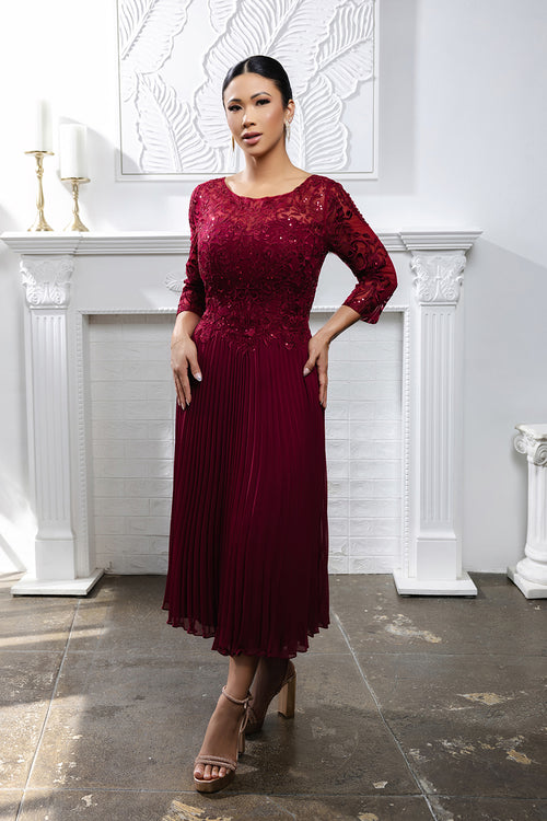 Elegant Lace Bodice Pleated Midi Mother of the Bride Dress – 3/4 Sleeves by May Queen MQ2189