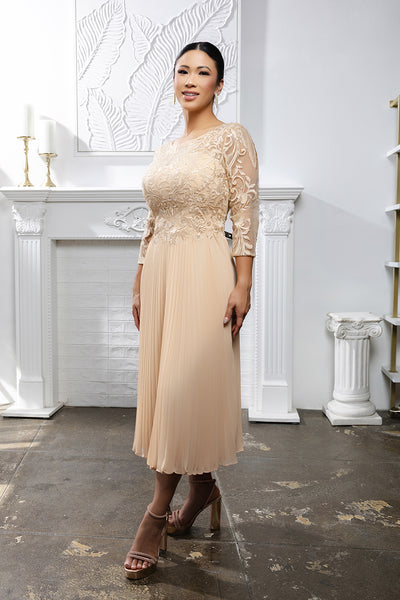 Elegant Lace Bodice Pleated Midi Mother of the Bride Dress – 3/4 Sleeves by May Queen MQ2189