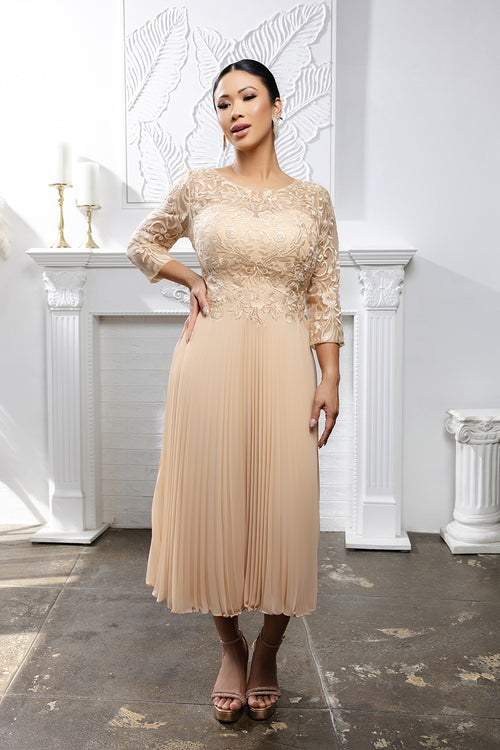 Elegant Lace Bodice Pleated Midi Mother of the Bride Dress – 3/4 Sleeves by May Queen MQ2189