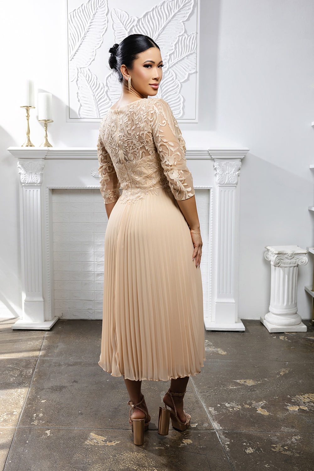 Elegant Lace Bodice Pleated Midi Mother of the Bride Dress – 3/4 Sleeves by May Queen MQ2189