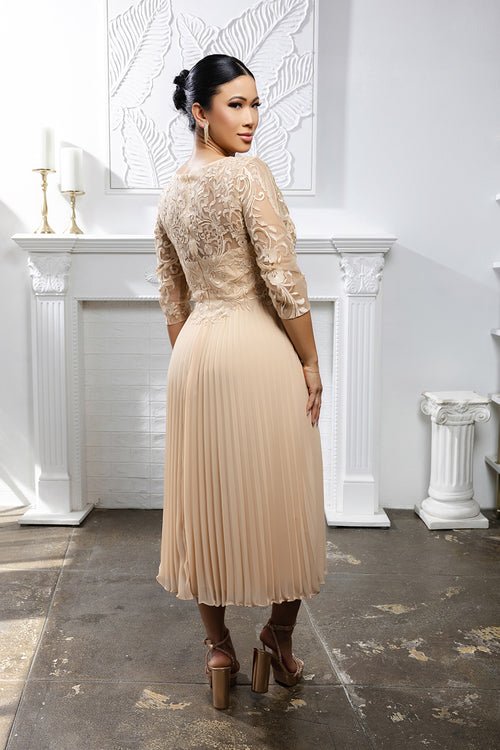 Elegant Lace Bodice Pleated Midi Mother of the Bride Dress – 3/4 Sleeves by May Queen MQ2189