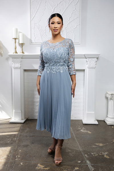 Elegant Lace Bodice Pleated Midi Mother of the Bride Dress – 3/4 Sleeves by May Queen MQ2189