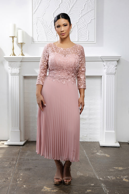 Elegant Lace Bodice Pleated Midi Mother of the Bride Dress – 3/4 Sleeves by May Queen MQ2189