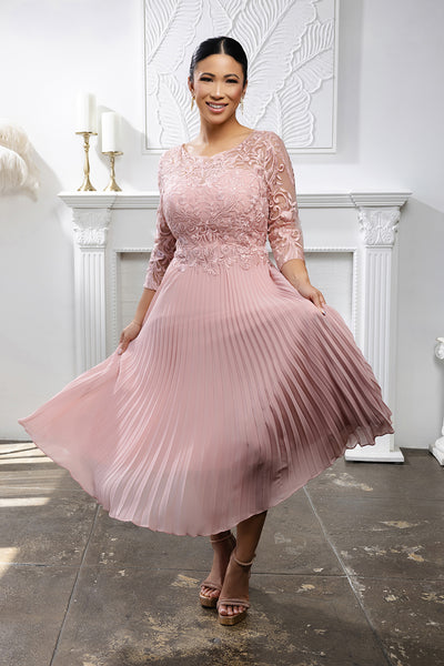 Elegant Lace Bodice Pleated Midi Mother of the Bride Dress – 3/4 Sleeves by May Queen MQ2189