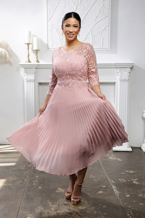 Elegant Lace Bodice Pleated Midi Mother of the Bride Dress – 3/4 Sleeves by May Queen MQ2189