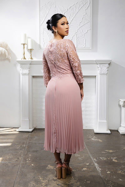Elegant Lace Bodice Pleated Midi Mother of the Bride Dress – 3/4 Sleeves by May Queen MQ2189