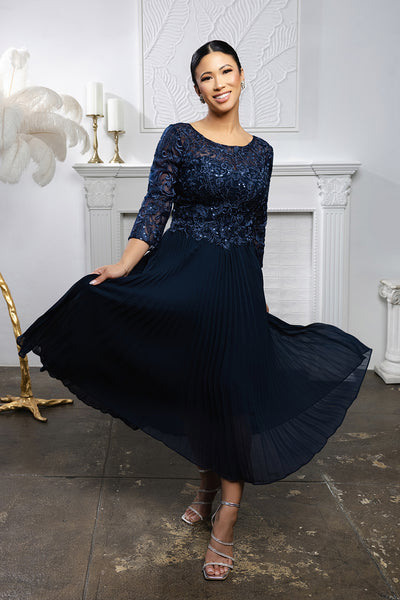 Elegant Lace Bodice Pleated Midi Mother of the Bride Dress – 3/4 Sleeves by May Queen MQ2189