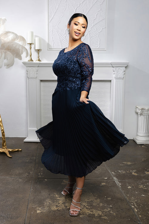 Elegant Lace Bodice Pleated Midi Mother of the Bride Dress – 3/4 Sleeves by May Queen MQ2189