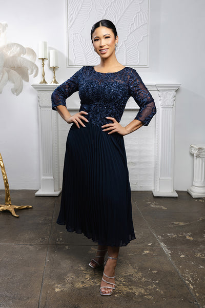 Elegant Lace Bodice Pleated Midi Mother of the Bride Dress – 3/4 Sleeves by May Queen MQ2189