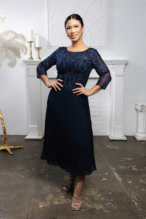 Elegant Lace Bodice Pleated Midi Mother of the Bride Dress – 3/4 Sleeves by May Queen MQ2189