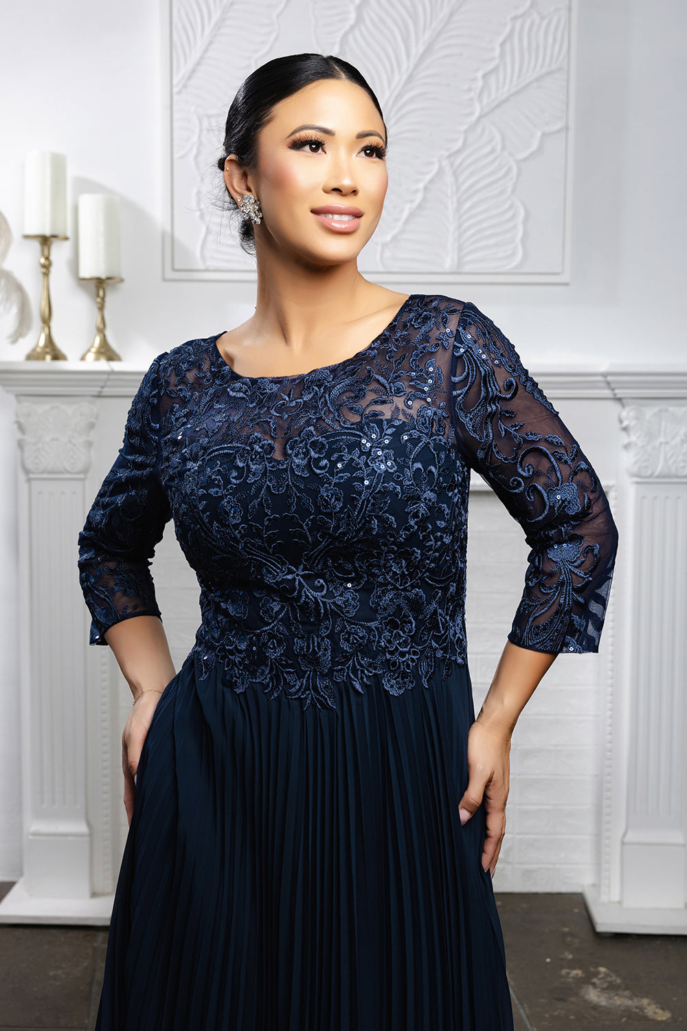 Elegant Lace Bodice Pleated Midi Mother of the Bride Dress – 3/4 Sleeves by May Queen MQ2189