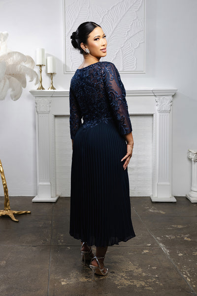Elegant Lace Bodice Pleated Midi Mother of the Bride Dress – 3/4 Sleeves by May Queen MQ2189
