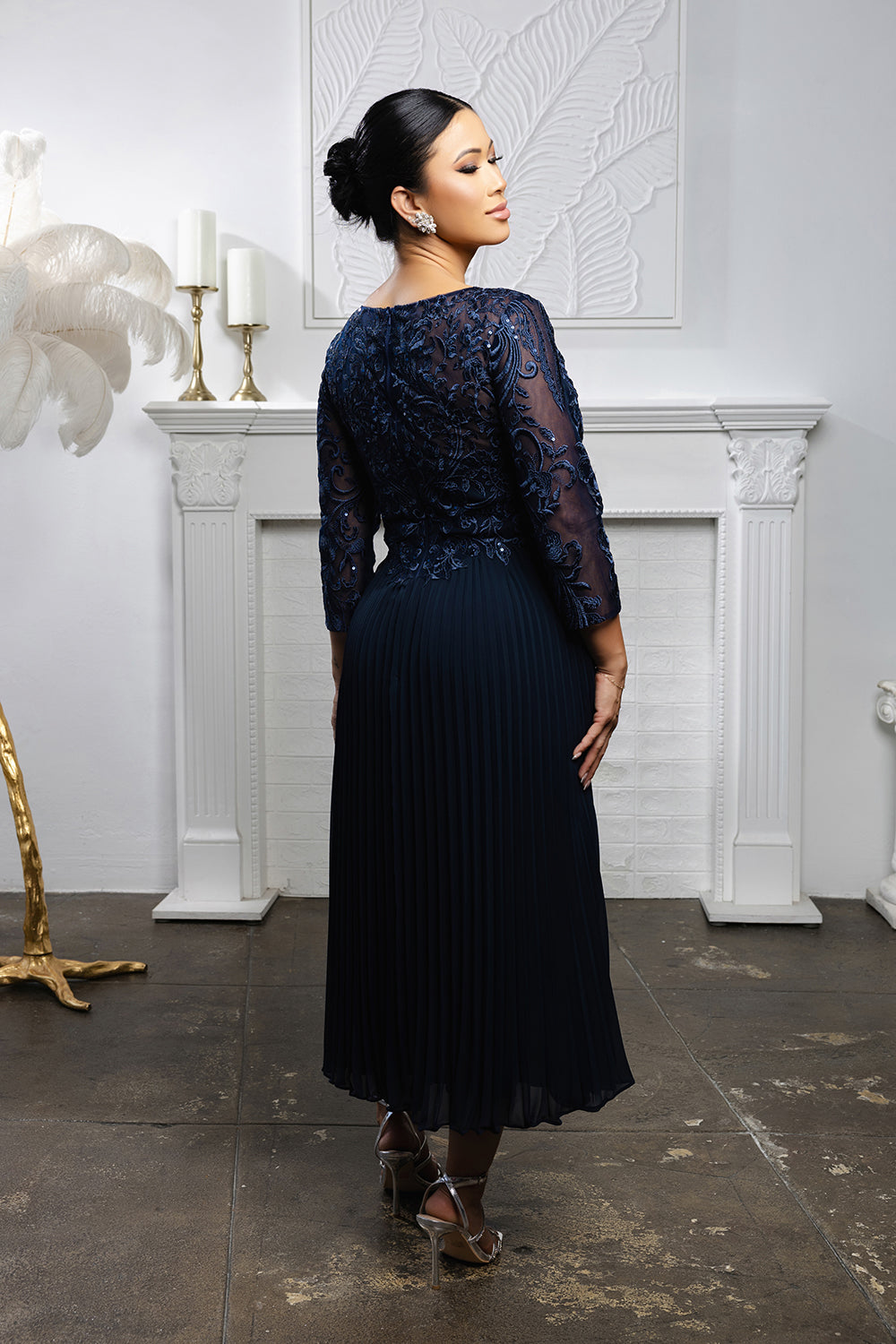 Elegant Lace Bodice Pleated Midi Mother of the Bride Dress – 3/4 Sleeves by May Queen MQ2189