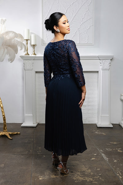 Elegant Lace Bodice Pleated Midi Mother of the Bride Dress – 3/4 Sleeves by May Queen MQ2189