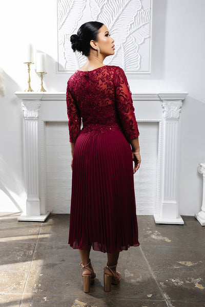 Elegant Lace Bodice Pleated Midi Mother of the Bride Dress – 3/4 Sleeves by May Queen MQ2189