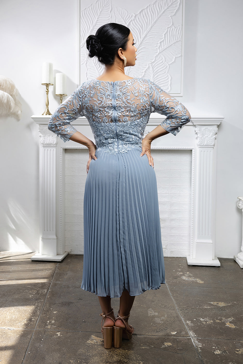 Elegant Lace Bodice Pleated Midi Mother of the Bride Dress – 3/4 Sleeves by May Queen MQ2189