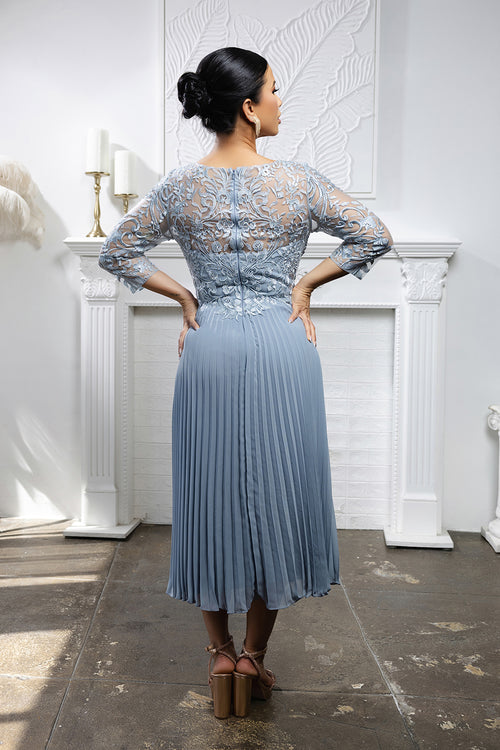 Elegant Lace Bodice Pleated Midi Mother of the Bride Dress – 3/4 Sleeves by May Queen MQ2189