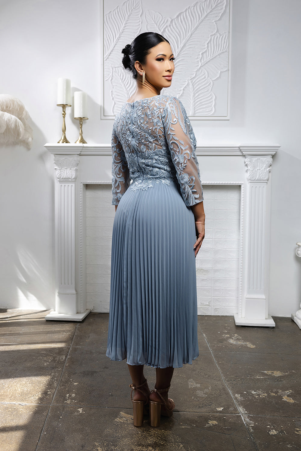 Elegant Lace Bodice Pleated Midi Mother of the Bride Dress – 3/4 Sleeves by May Queen MQ2189