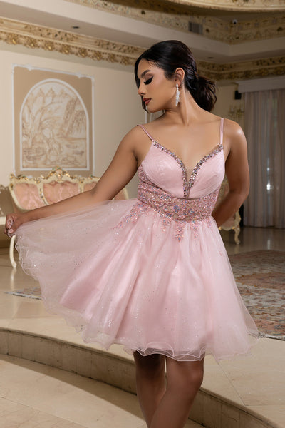 Sleeveless Homecoming Dress with Beaded Lace Bodice & Spaghetti Straps Dress by May Queen MQ2192