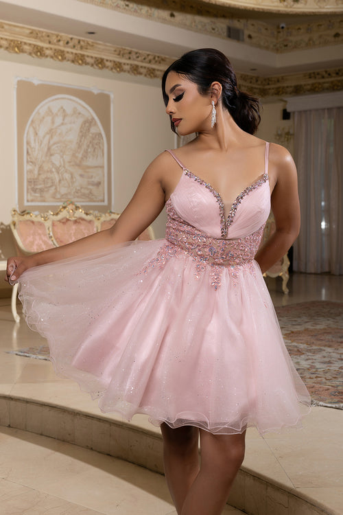 Sleeveless Homecoming Dress with Beaded Lace Bodice & Spaghetti Straps Dress by May Queen MQ2192