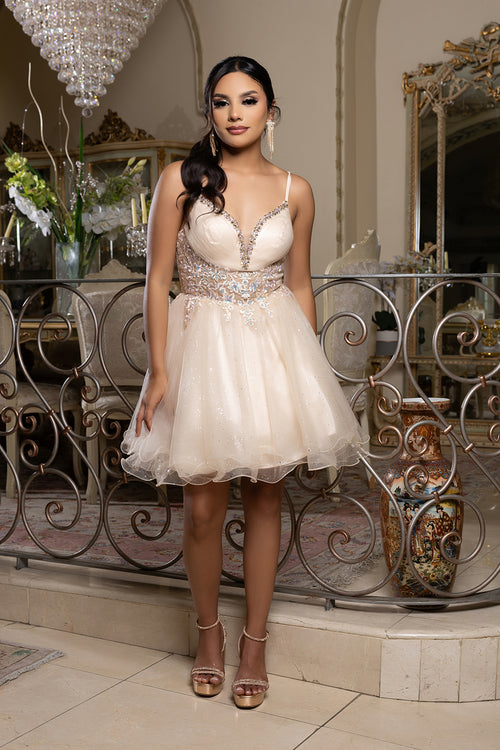 Sleeveless Homecoming Dress with Beaded Lace Bodice & Spaghetti Straps Dress by May Queen MQ2192