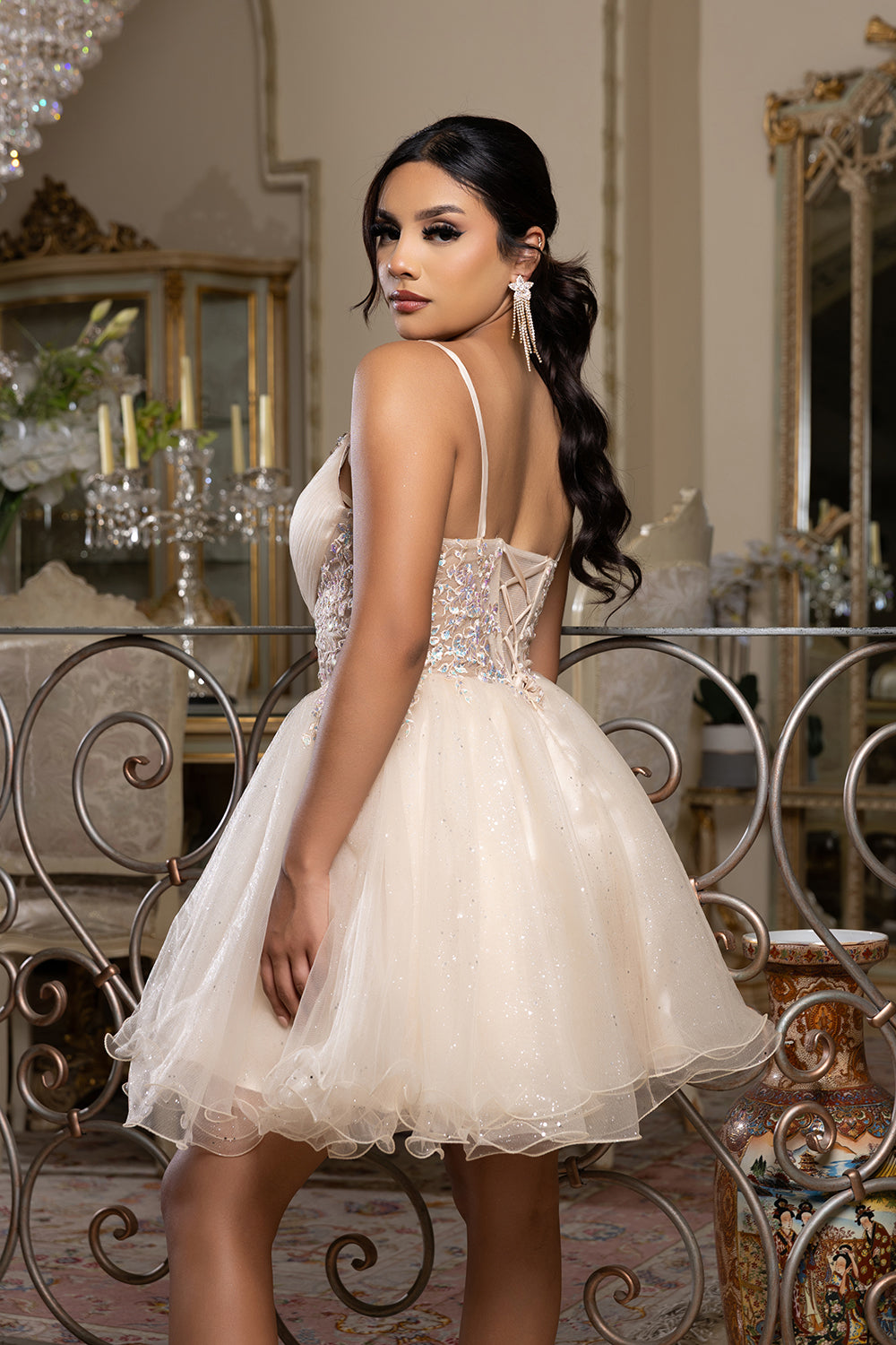 Sleeveless Homecoming Dress with Beaded Lace Bodice & Spaghetti Straps Dress by May Queen MQ2192