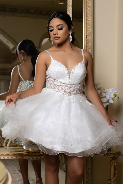 Sleeveless Homecoming Dress with Beaded Lace Bodice & Spaghetti Straps Dress by May Queen MQ2192