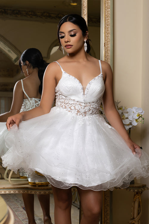 Sleeveless Homecoming Dress with Beaded Lace Bodice & Spaghetti Straps Dress by May Queen MQ2192