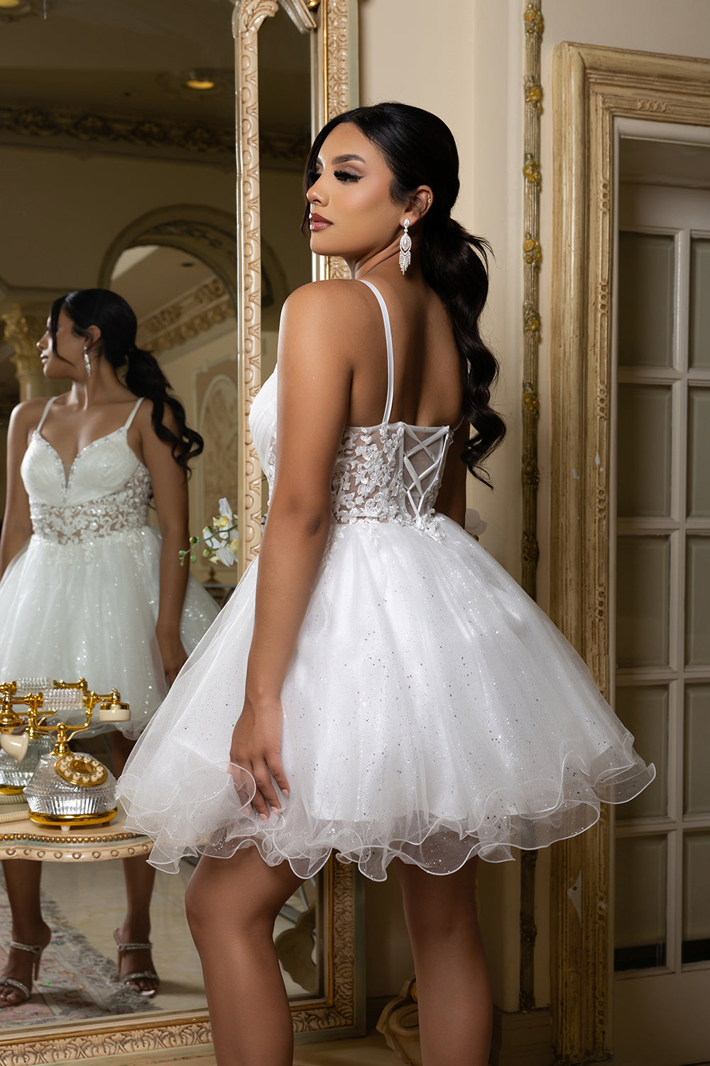 Sleeveless Homecoming Dress with Beaded Lace Bodice & Spaghetti Straps Dress by May Queen MQ2192