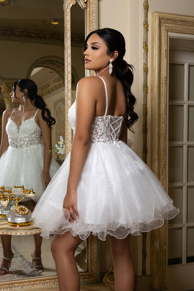 Sleeveless Homecoming Dress with Beaded Lace Bodice & Spaghetti Straps Dress by May Queen MQ2192