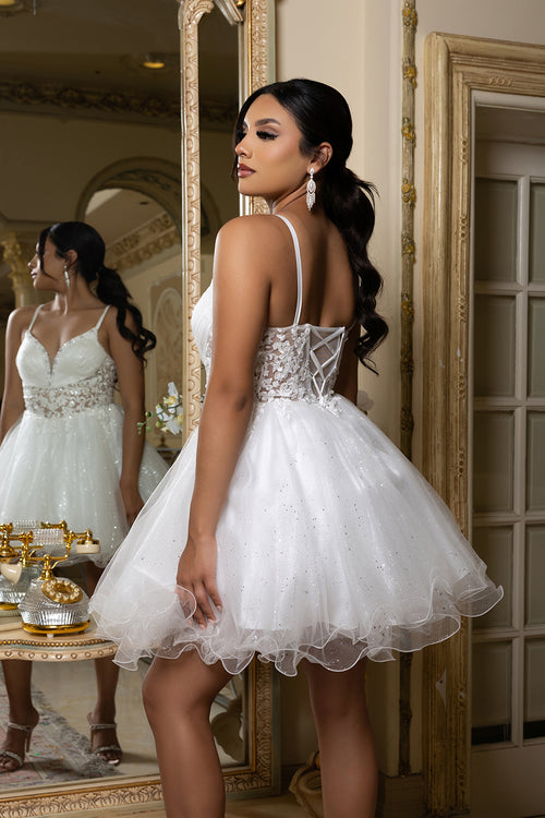 Sleeveless Homecoming Dress with Beaded Lace Bodice & Spaghetti Straps Dress by May Queen MQ2192