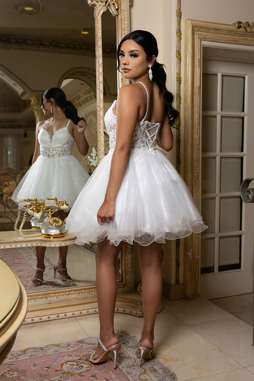 Sleeveless Homecoming Dress with Beaded Lace Bodice & Spaghetti Straps Dress by May Queen MQ2192