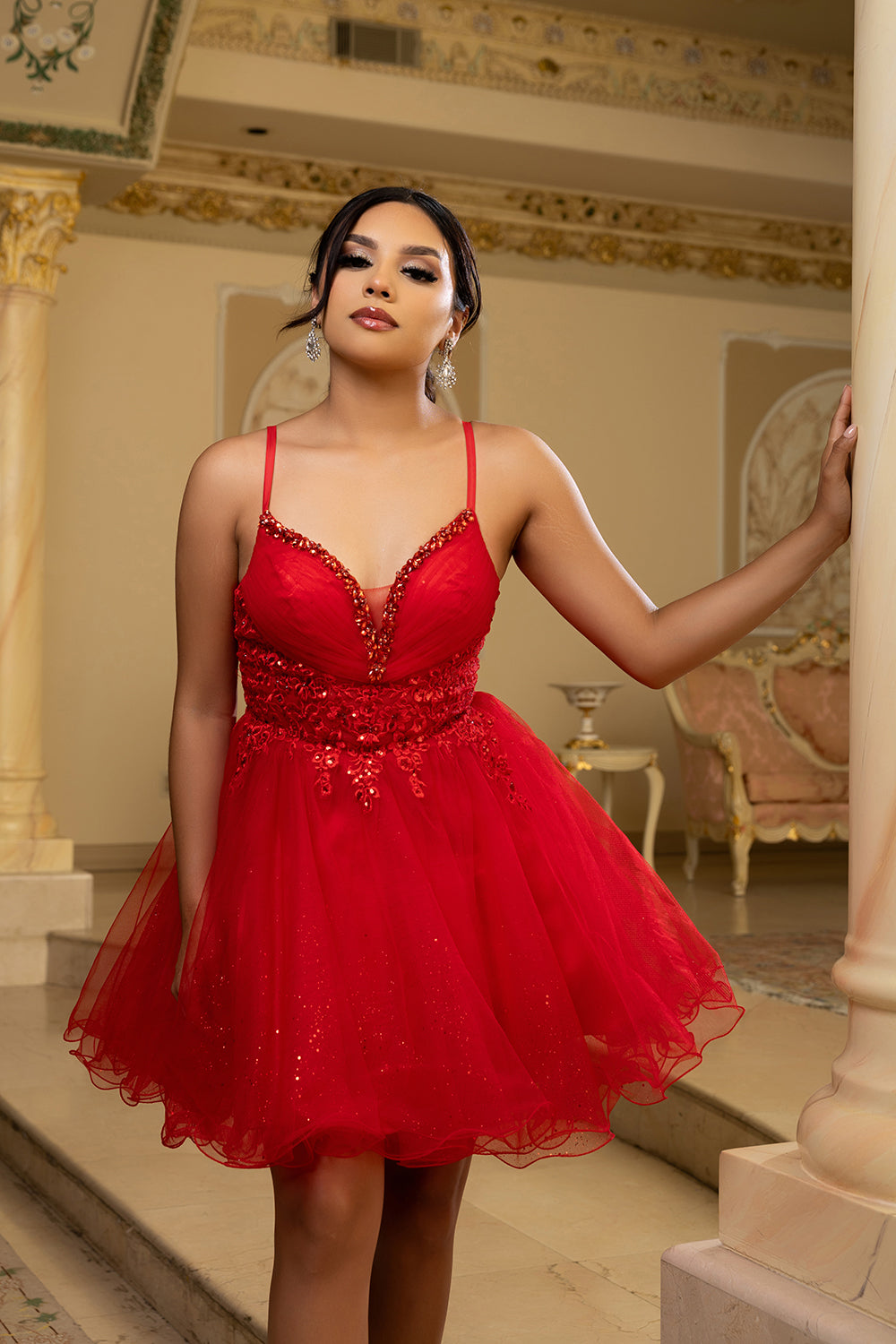 Sleeveless Homecoming Dress with Beaded Lace Bodice & Spaghetti Straps Dress by May Queen MQ2192