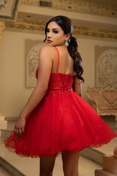 Sleeveless Homecoming Dress with Beaded Lace Bodice & Spaghetti Straps Dress by May Queen MQ2192