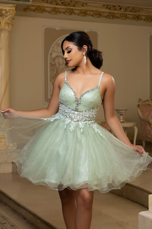 Sleeveless Homecoming Dress with Beaded Lace Bodice & Spaghetti Straps Dress by May Queen MQ2192