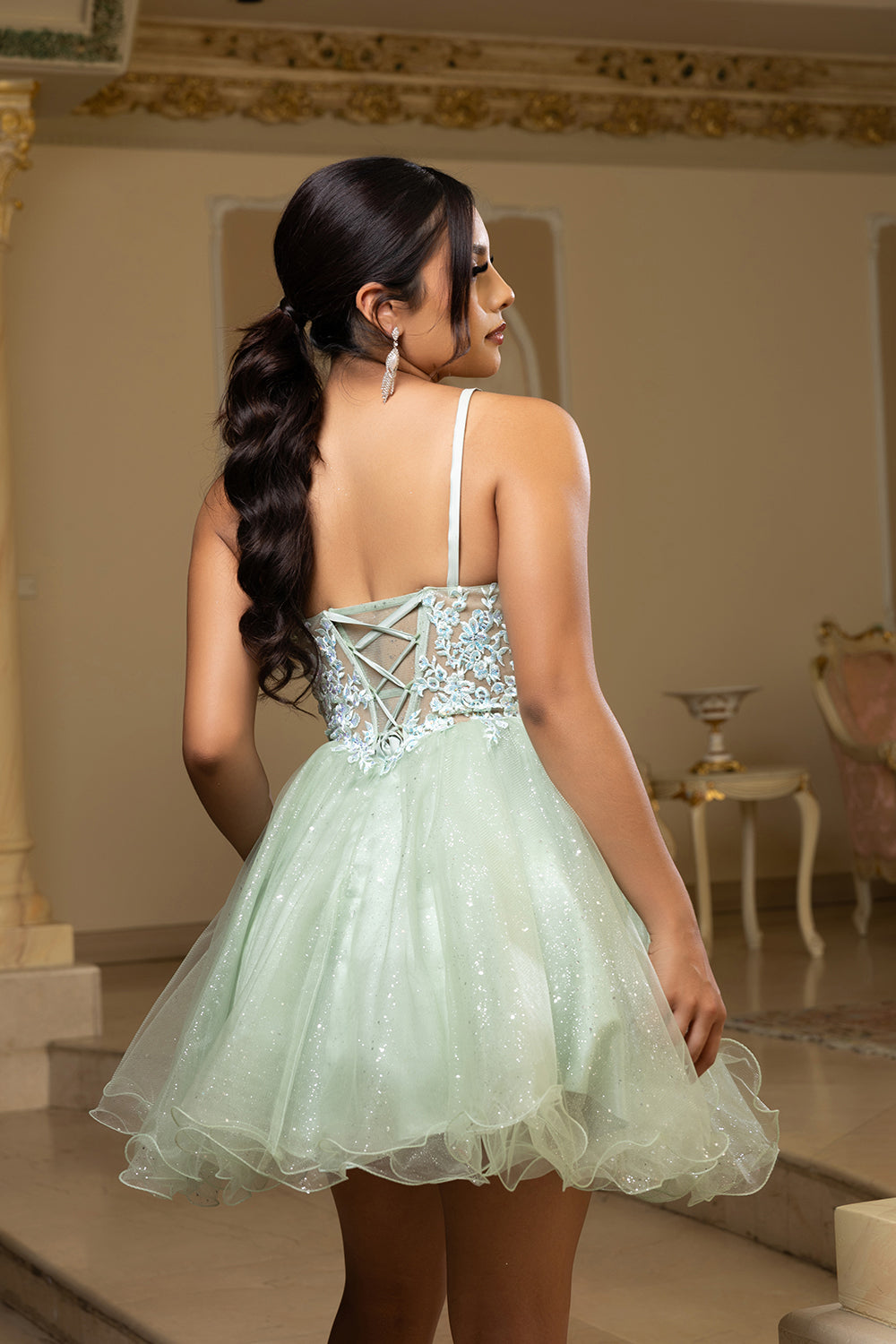 Sleeveless Homecoming Dress with Beaded Lace Bodice & Spaghetti Straps Dress by May Queen MQ2192