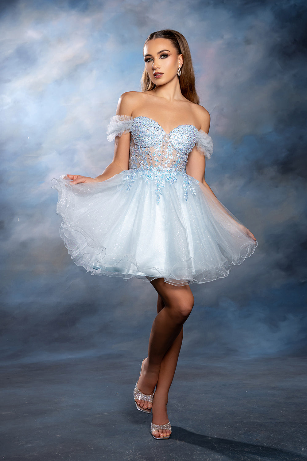 Off-Shoulder Beaded Tulle Homecoming Dress Short A-Line Corset Party Outfit by May Queen MQ2193
