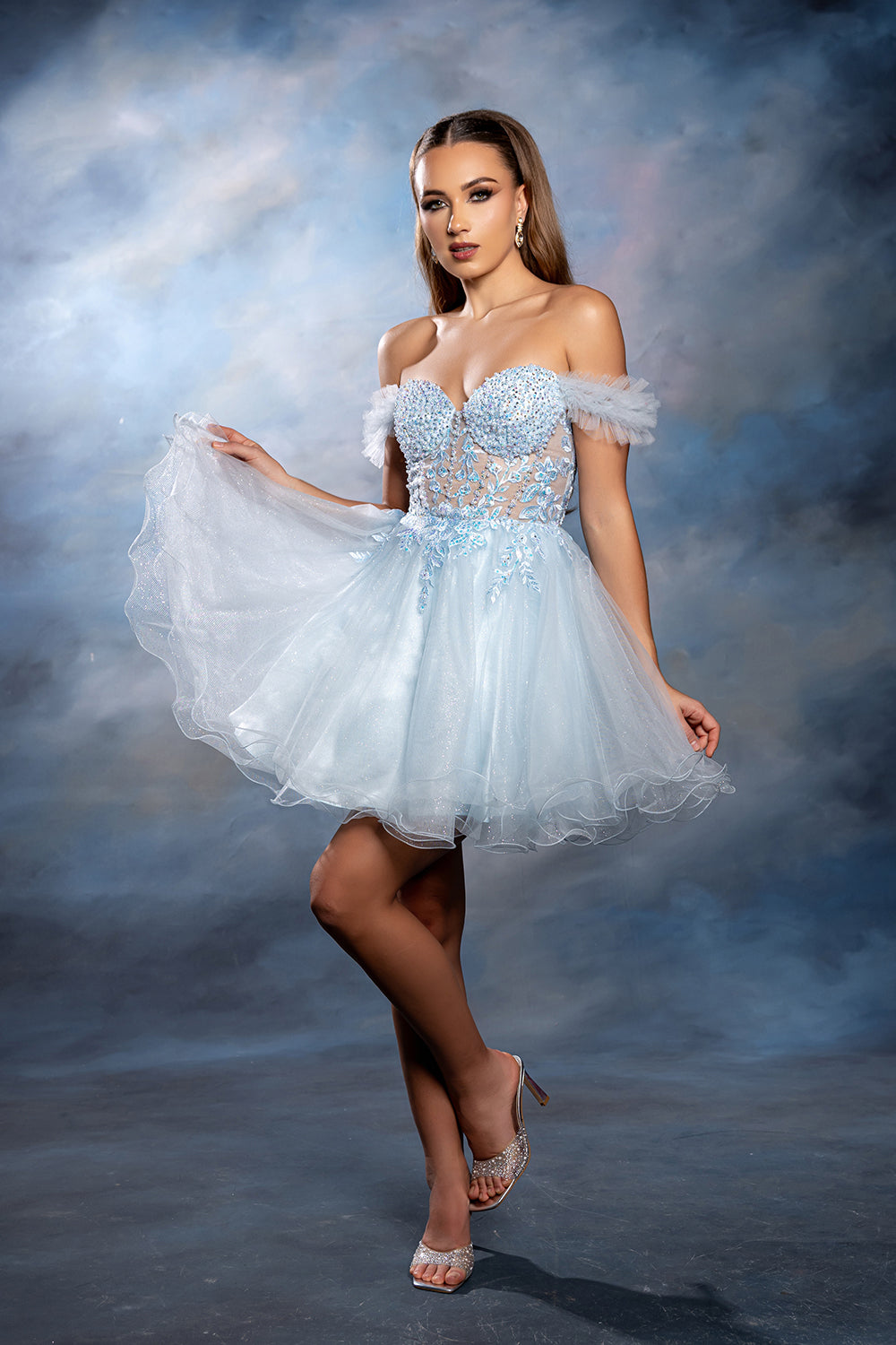 Off-Shoulder Beaded Tulle Homecoming Dress Short A-Line Corset Party Outfit by May Queen MQ2193