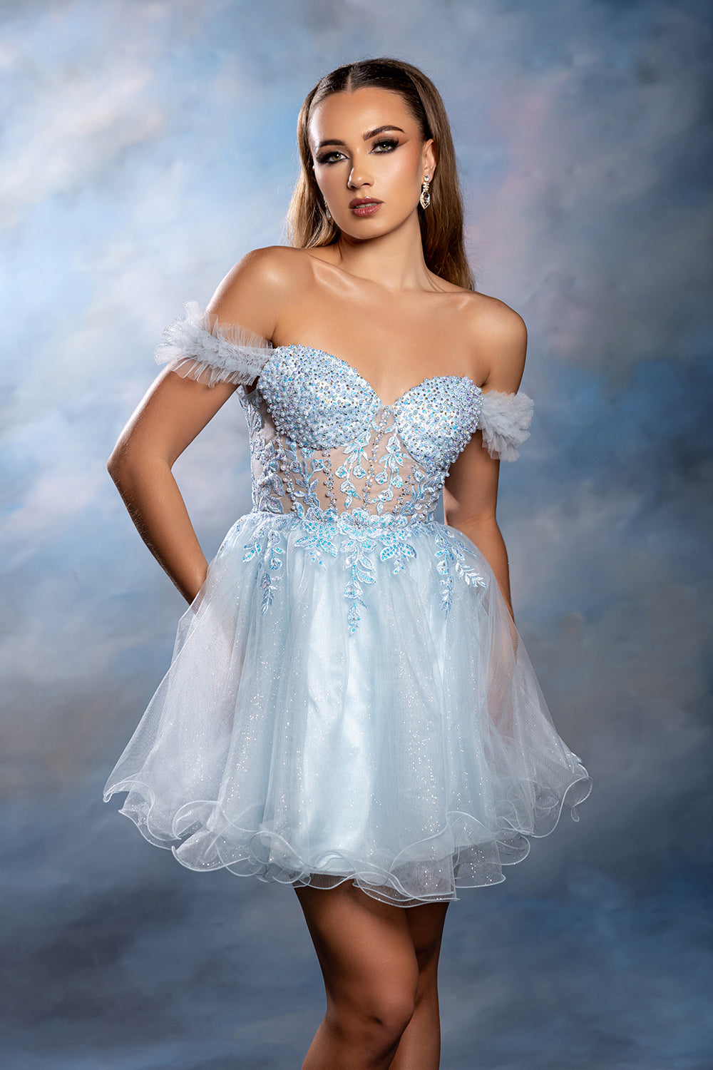 Off-Shoulder Beaded Tulle Homecoming Dress Short A-Line Corset Party Outfit by May Queen MQ2193