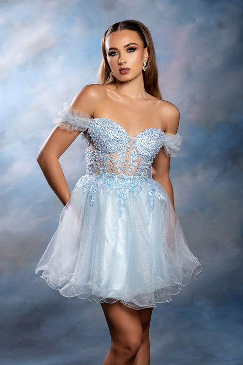 Off-Shoulder Beaded Tulle Homecoming Dress Short A-Line Corset Party Outfit by May Queen MQ2193