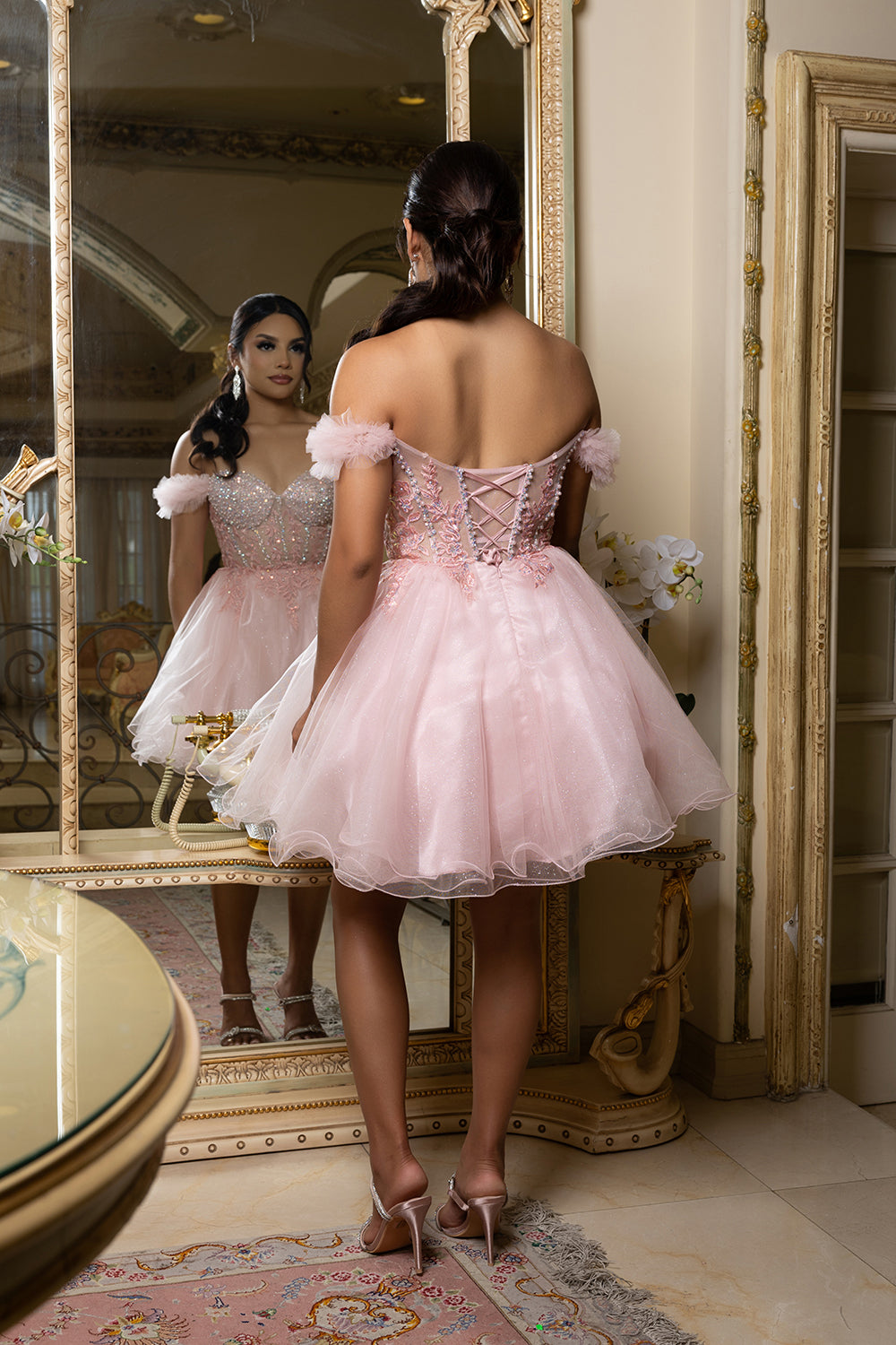 Off-Shoulder Beaded Tulle Homecoming Dress Short A-Line Corset Party Dress by May Queen MQ2193