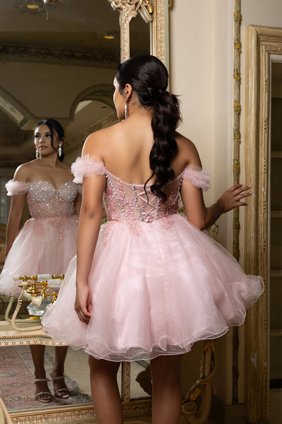 Off-Shoulder Beaded Tulle Homecoming Dress Short A-Line Corset Party Dress by May Queen MQ2193