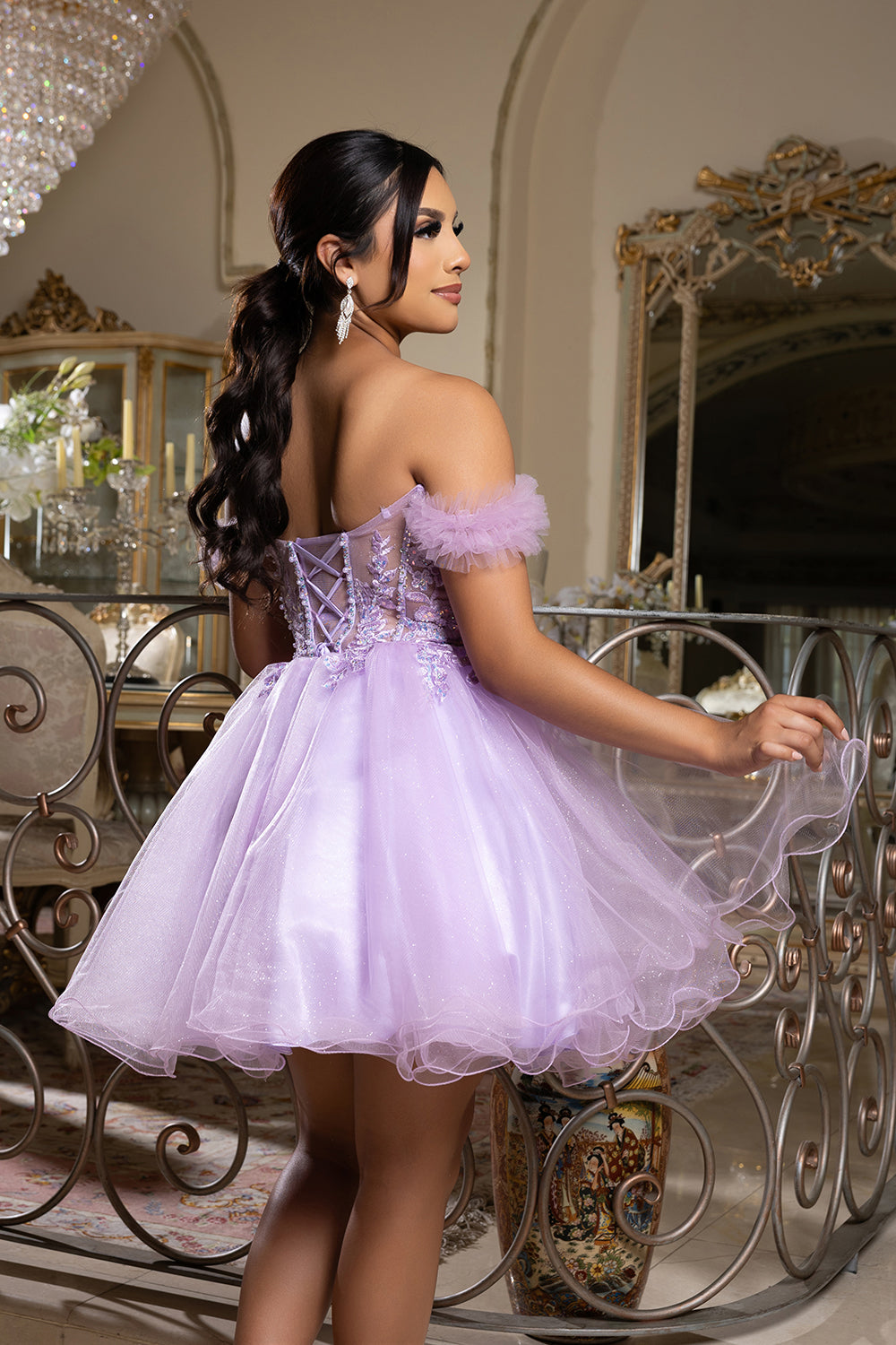 Off-Shoulder Beaded Tulle Homecoming Dress Short A-Line Corset Party Dress by May Queen MQ2193