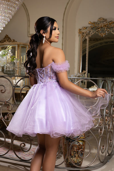 Off-Shoulder Beaded Tulle Homecoming Dress Short A-Line Corset Party Dress by May Queen MQ2193